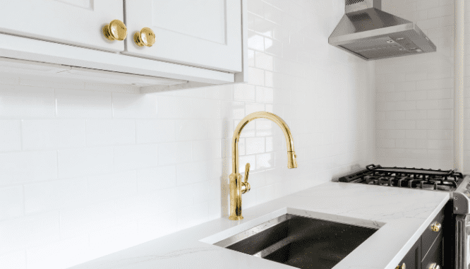 An upgraded kitchen faucet in a new construction home.