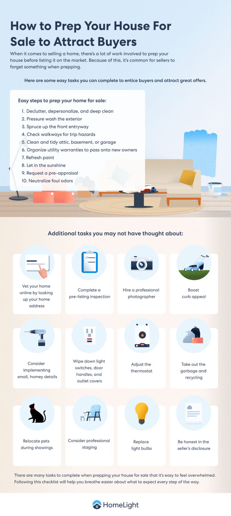 A HomeLight infographic about how to prep your house for sale to attract buyers.