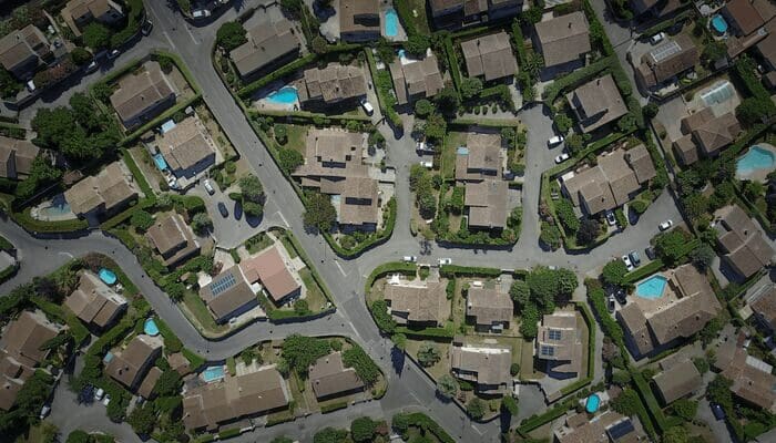 An aerial view of a suburban neighborhood