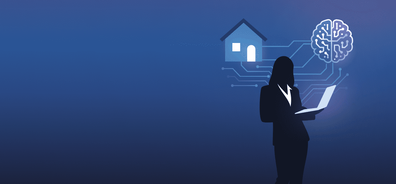 illustration of a real estate agent, a home and a brain all connected to symbolize AI