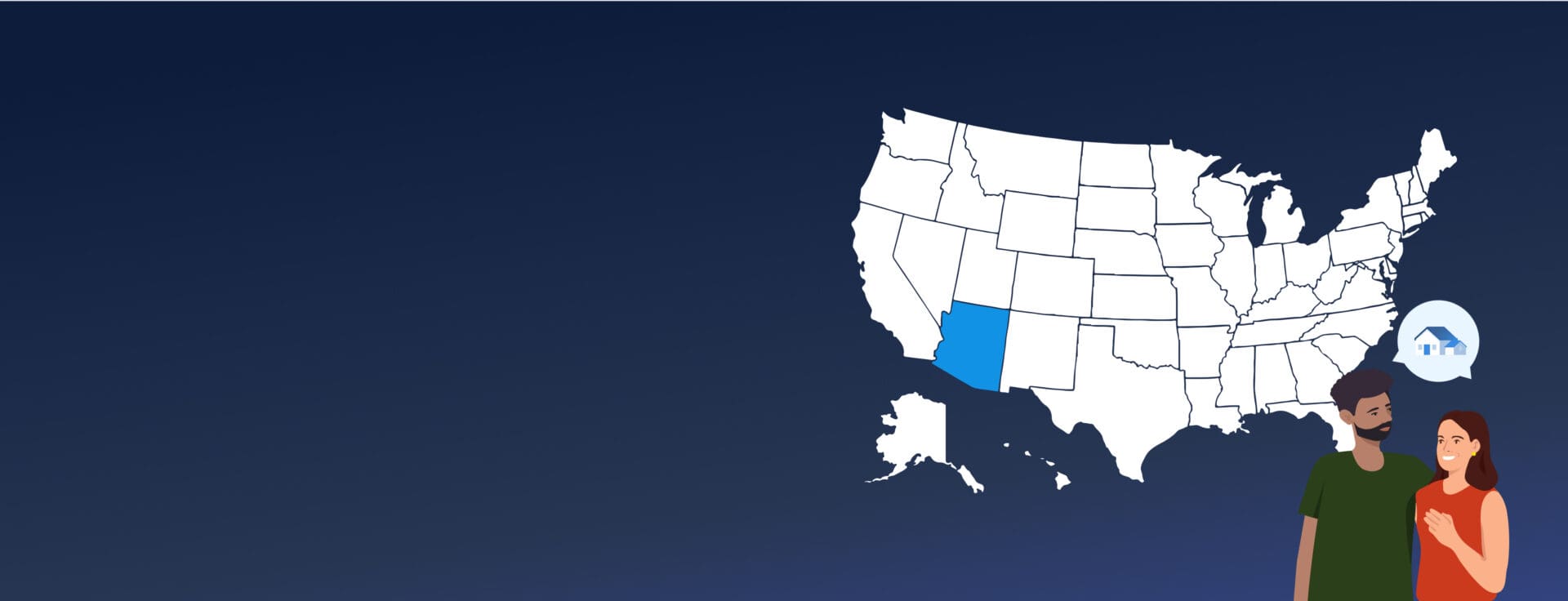illustration of Arizona on a map with two people thinking of selling or buying a home