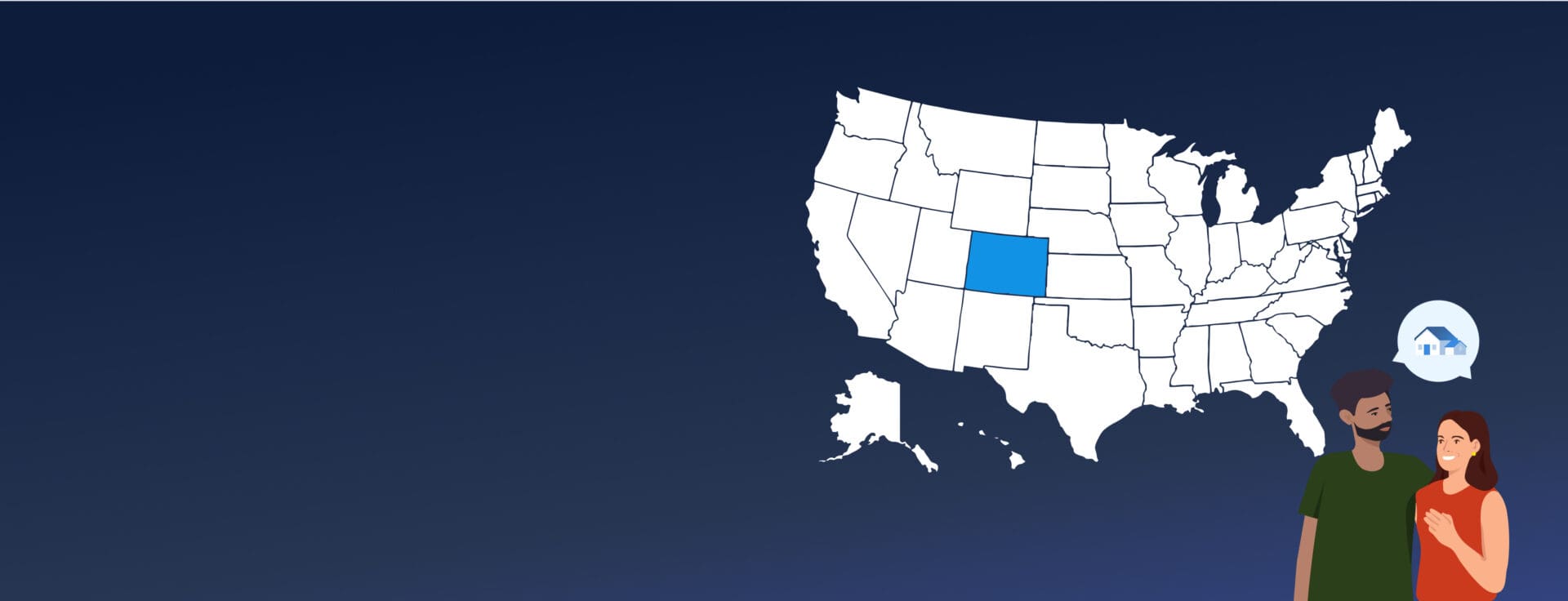 illustration of Colorado on a map with two people thinking of selling or buying a home